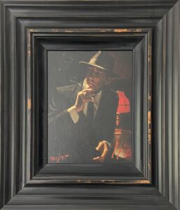 Painting of a man in a suit and fedora smoking a cigarette in a dimly lit room.