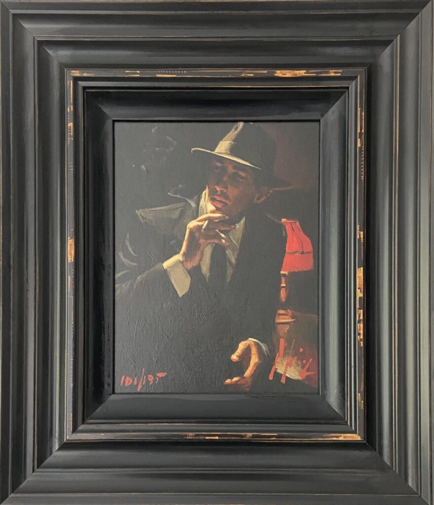 Painting of a man in a suit and fedora smoking a cigarette in a dimly lit room.
