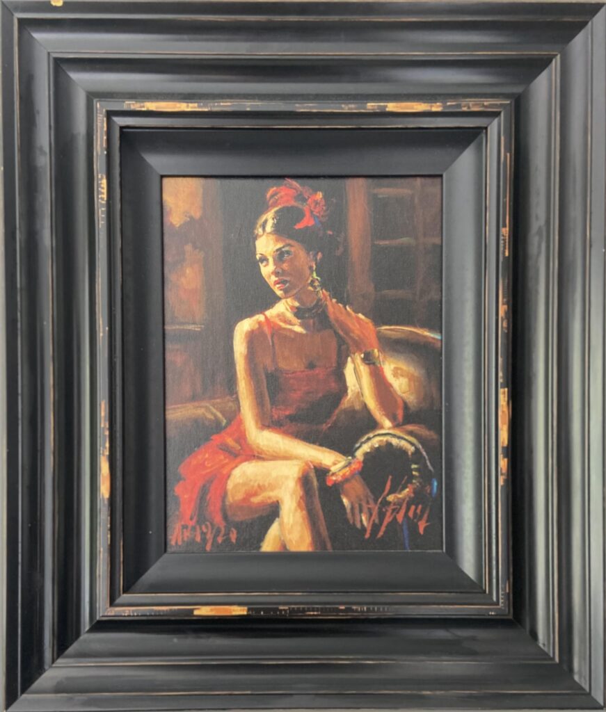 Painting of a woman in a red dress sitting in a dark, framed artwork.