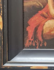 close-up of a painting signature on a framed artwork, showing part of a red garment