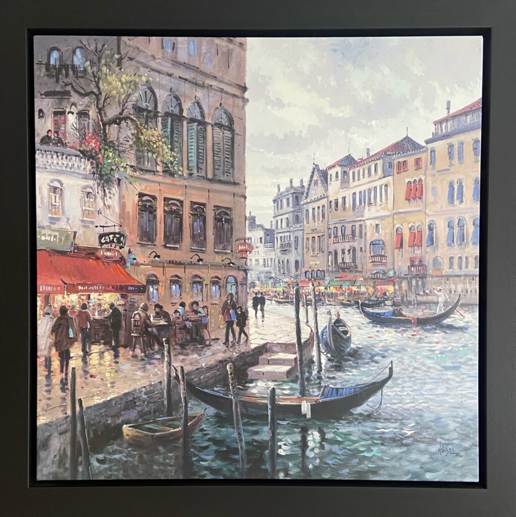 Painting depicting a vibrant Venetian canal scene with gondolas and historic buildings under a partly cloudy sky.