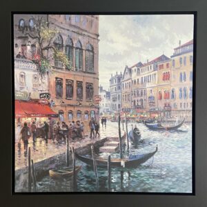 Painting depicting a vibrant Venetian canal scene with gondolas and historic buildings under a partly cloudy sky.