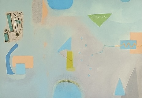 abstract painting with geometric shapes in blue, green, and orange