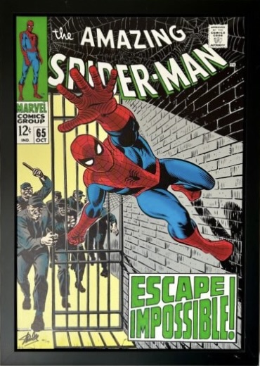 signed limited edition Comic cover of The Amazing Spider-Man #65 showing Spider-Man escaping through bars with police in pursuit.