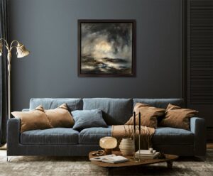 elegant living room with dark walls and a framed abstract painting above a blue sofa